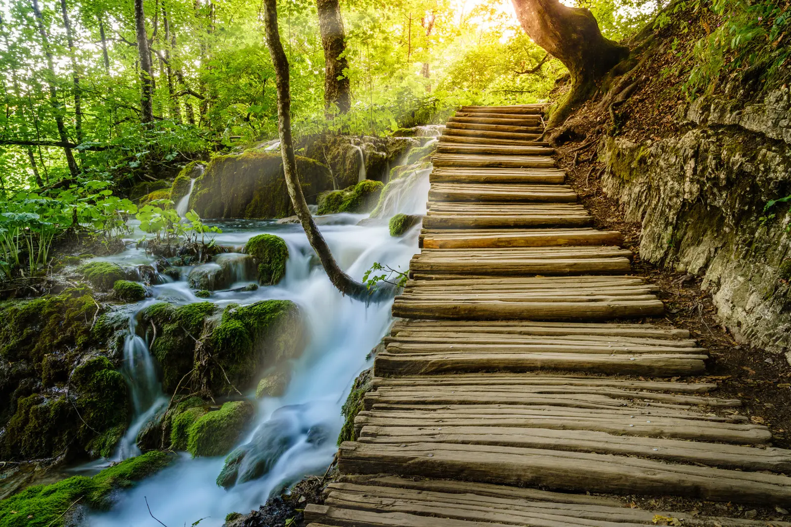 wooden walking route above waterfalls